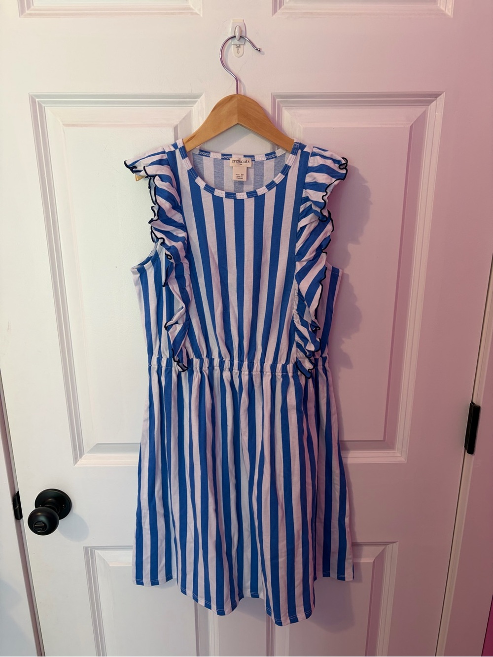 Crewcuts Blue and White Vertical Stripe Ruffle-Sleeve Dress